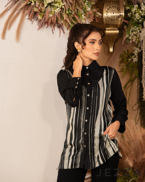 Printed Polyester & Twill Button-Down Top 59781