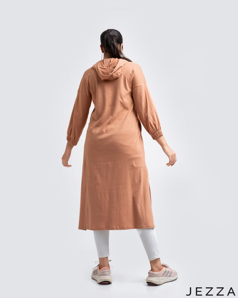 Cotton Knit Midi Length Hoodie With Long Sleeves 54641