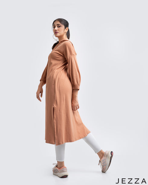 Cotton Knit Midi Length Hoodie With Long Sleeves 54641