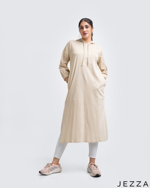 Cotton Knit Midi Length Hoodie With Long Sleeves 54642