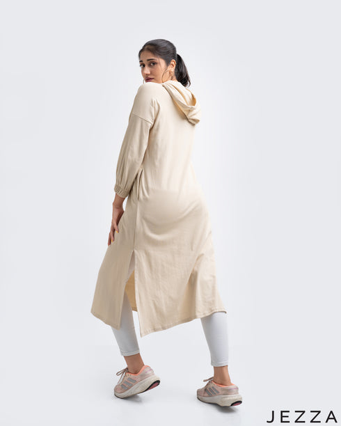 Cotton Knit Midi Length Hoodie With Long Sleeves 54642