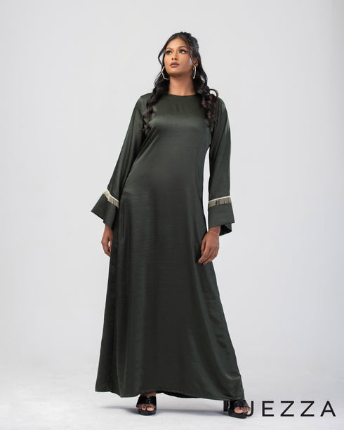 Heavy Satin A-Line Gown with Shimmering Trim 64231