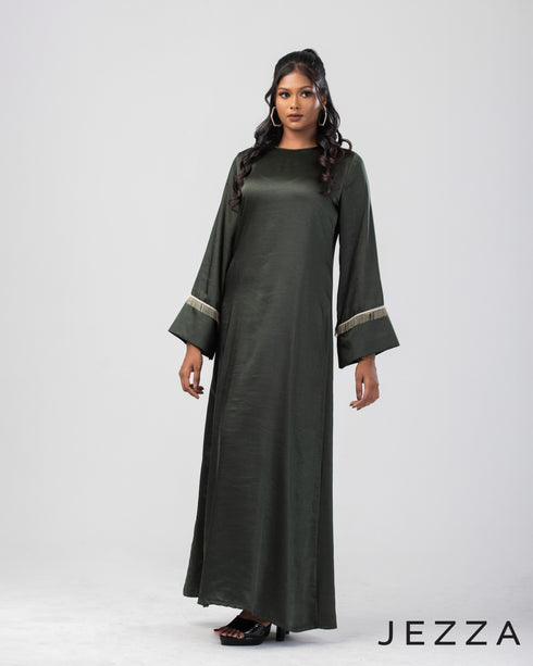 Heavy Satin A-Line Gown with Shimmering Trim 64231