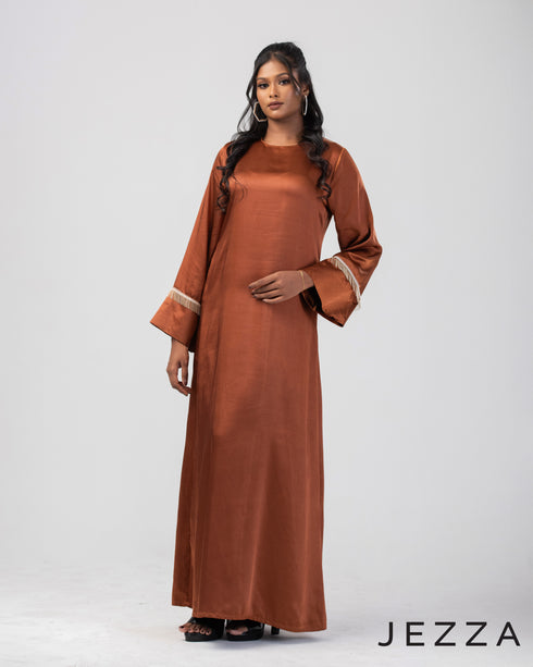 Heavy Satin A-Line Gown with Shimmering Trim 64232