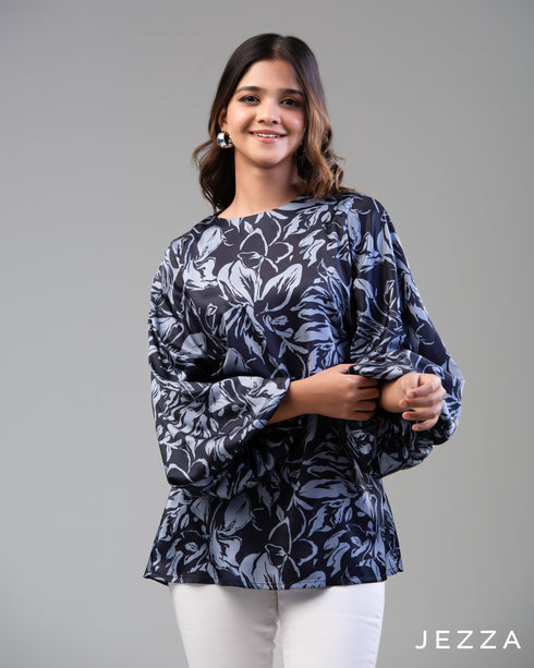 Lustrous Bloom: Printed Satin Balloon Sleeve Top 65811