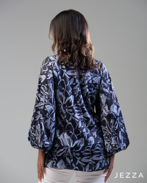 Lustrous Bloom: Printed Satin Balloon Sleeve Top 65811