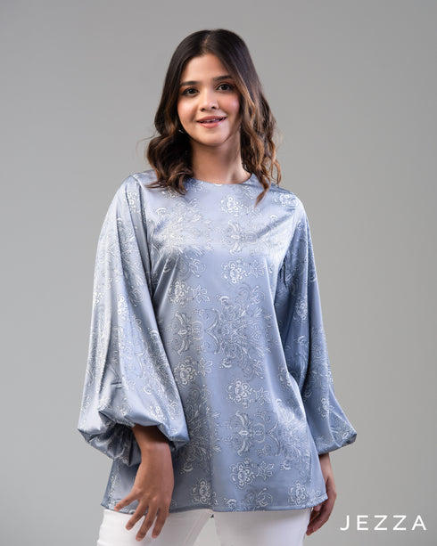 Lustrous Bloom: Printed Satin Balloon Sleeve Top 67281