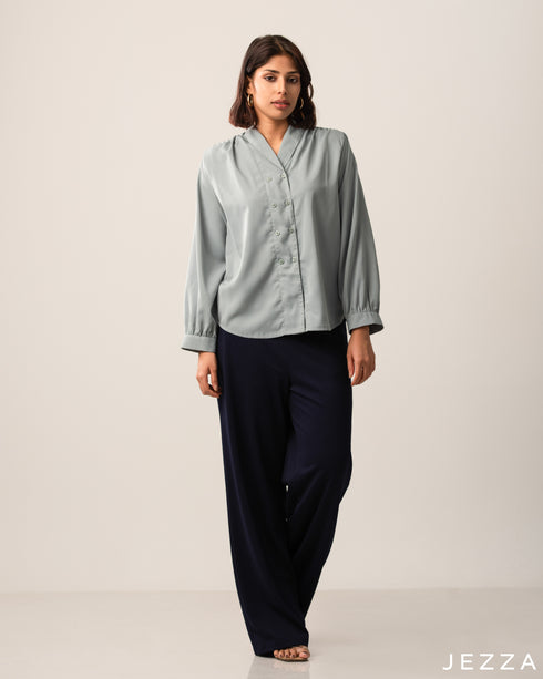 Long Sleeve Shirt Top With Decorative Button Placket 52942