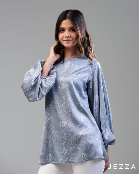 Lustrous Bloom: Printed Satin Balloon Sleeve Top 67281