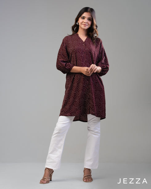 Print Whisper: V-Neck Mandarin Collar Top 67501