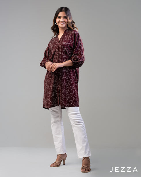 Print Whisper: V-Neck Mandarin Collar Top 67501