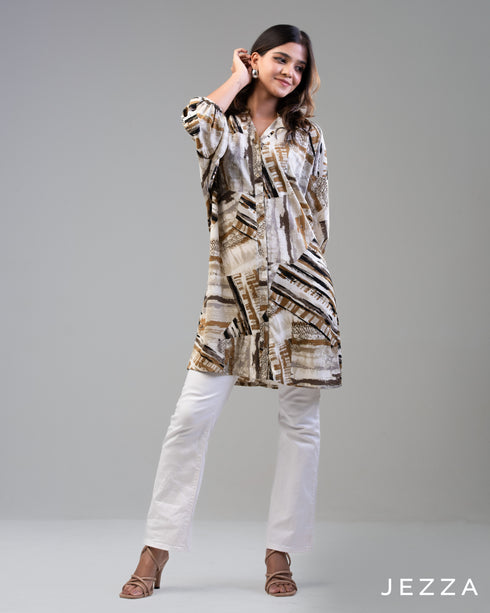 Print Whisper: V-Neck Mandarin Collar Top 67491