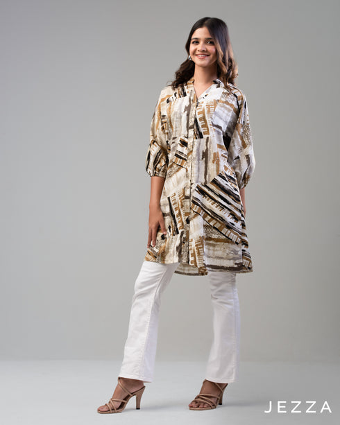 Print Whisper: V-Neck Mandarin Collar Top 67491