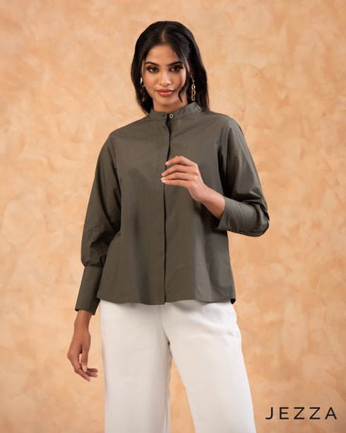 Refined Minimalism: Poly Cotton Mandarin Collar Top 60281