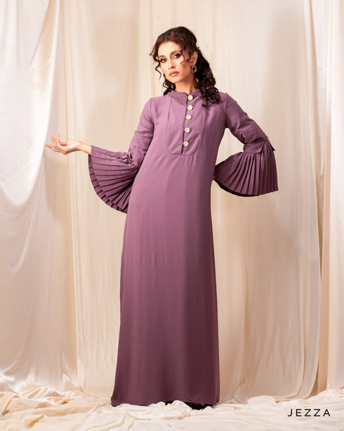 Elegant Mandarin Collar Pleated Sleeve Dress 54221