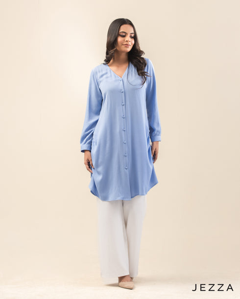 Draped Grace: Ruched V-Neck Knee Top 71533