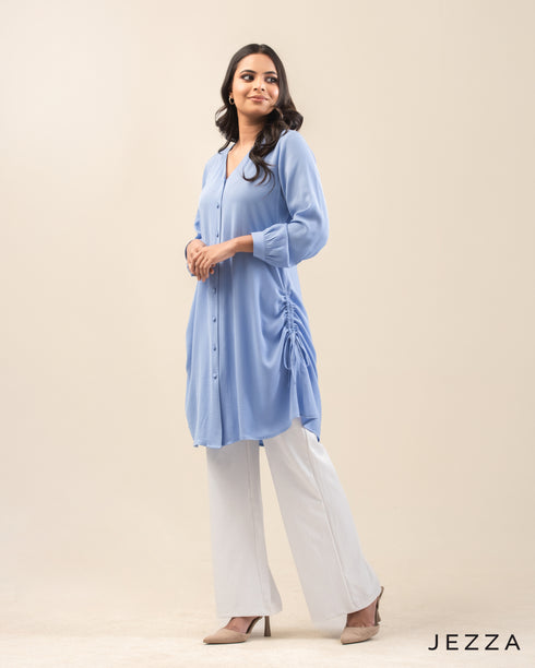 Draped Grace: Ruched V-Neck Knee Top 71533