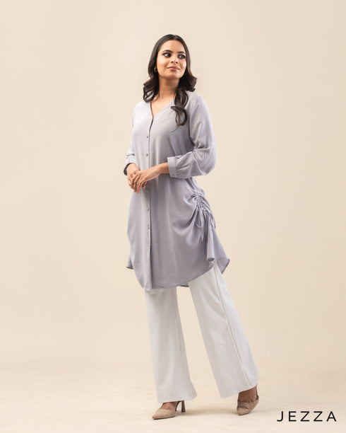 Draped Grace: Ruched V-Neck Knee Top 71532