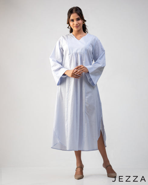 Soft Poise: Linen Midi Dress with Front Yoke Gathers 75721
