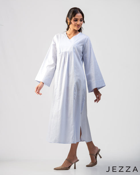 Soft Poise: Linen Midi Dress with Front Yoke Gathers 75721