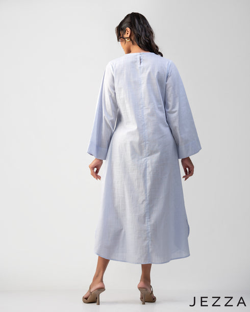 Soft Poise: Linen Midi Dress with Front Yoke Gathers 75721