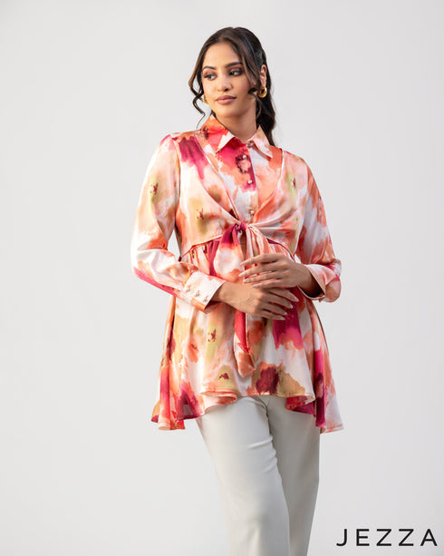 Elegant Line: Below-Hip Crinkle Satin Top 68161