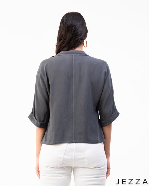 Refined Ease: Linen Collared Crop Top 72911