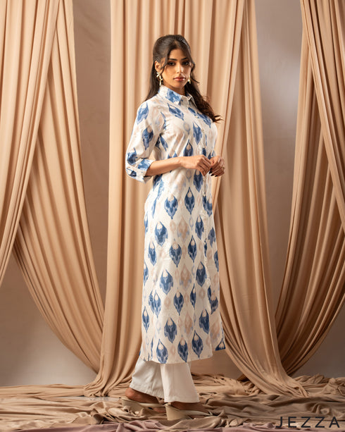 Serene Bloom: Brocade Chiffon Midi Dress in Blue & White 76841