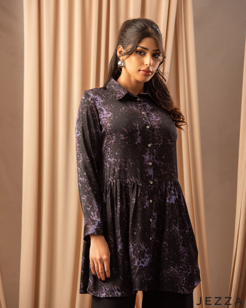 Regal Texture: Purple & Black Print Satin Top with Collar & Collar Band 73441