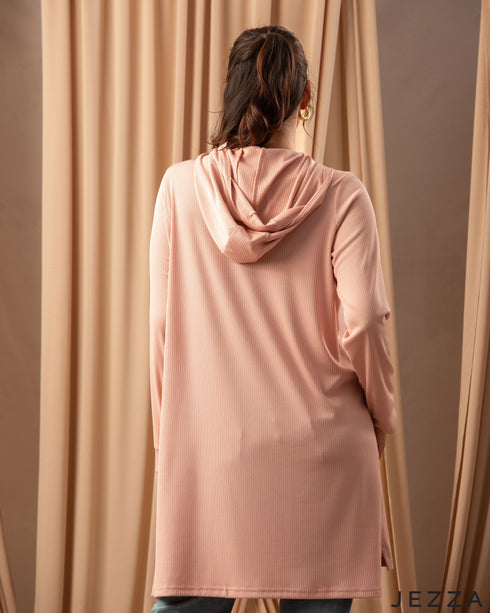 Relaxed Vibe: Pink Rib Spandex Hoodie Top 76041