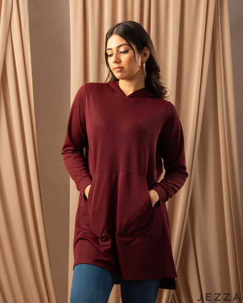 Relaxed Vibe: Red Rib Spandex Hoodie Top 76051