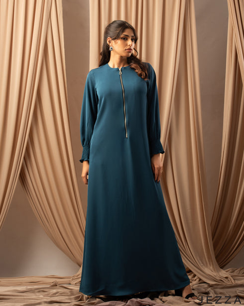 Sapphire Ease: Long-Sleeve Satin A-Line Dress 75791