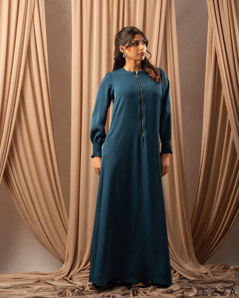 Sapphire Ease: Long-Sleeve Satin A-Line Dress 75791