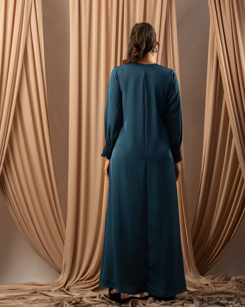 Sapphire Ease: Long-Sleeve Satin A-Line Dress 75791