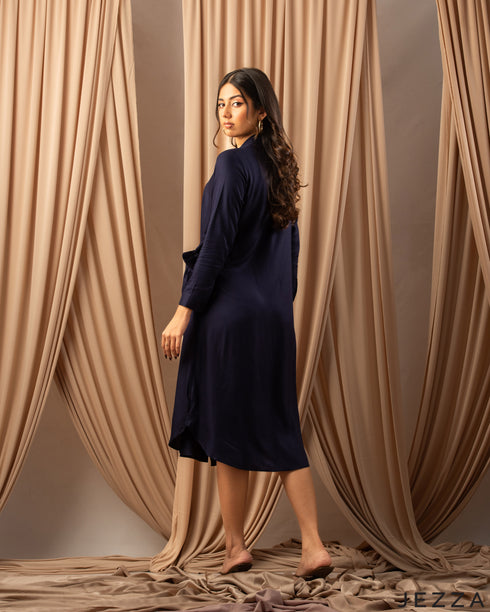 Classic Comfort: Dark Blue Cotton Midi Dress 75863