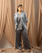 Silken Bloom: Grey Floral Satin Cardigan, Top, and Pant Set 70691