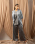 Silken Bloom: Grey Floral Satin Cardigan, Top, and Pant Set 70691