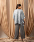 Silken Bloom: Grey Floral Satin Cardigan, Top, and Pant Set 70691