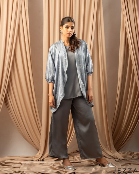 Silken Bloom: Grey Floral Satin Cardigan, Top, and Pant Set 70691