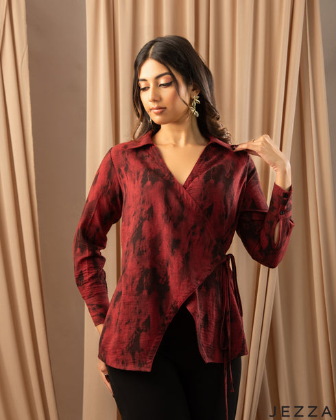 Effortless Resortwear: The Red & Black Linen V-Neck Top 71231