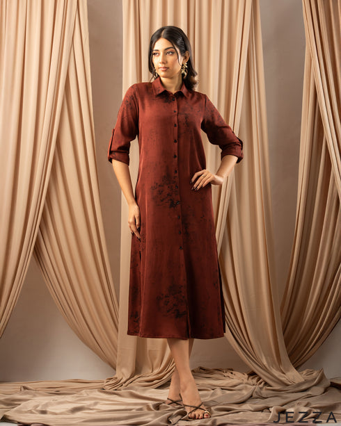 Printed Elegance: Twill Midi Dress with Classic Collar 72391