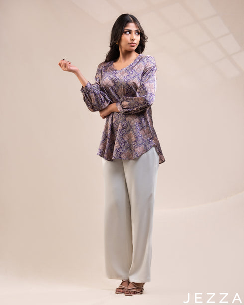 Satin Whisper: Motif-Print V-Neck Top 73451