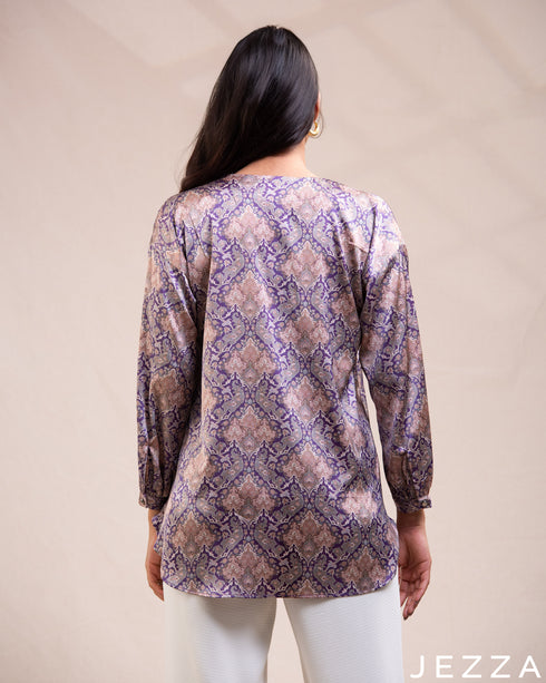 Satin Whisper: Motif-Print V-Neck Top 73451