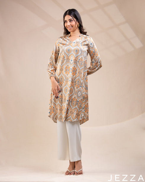 Artful Ease: The Motif-Print Satin Knee Top with Mandarin Collar 76891
