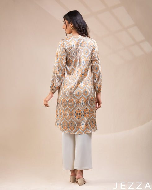 Artful Ease: The Motif-Print Satin Knee Top with Mandarin Collar 76891