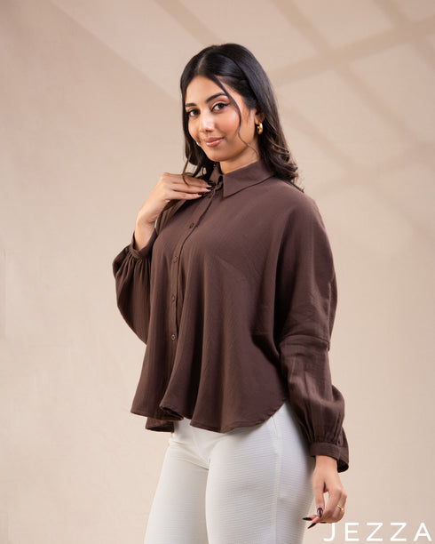 Earthy Ease: Brown Collared Loose-Fit Hip Top 76353