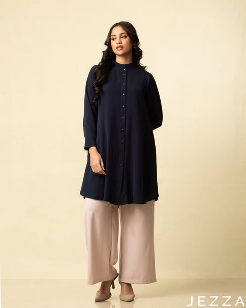 Midnight Refinement: Mandarin-Collar Long-Sleeve Top 77071