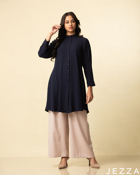 Midnight Refinement: Mandarin-Collar Long-Sleeve Top 77071