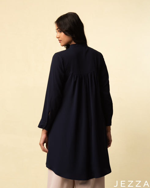 Midnight Refinement: Mandarin-Collar Long-Sleeve Top 77071