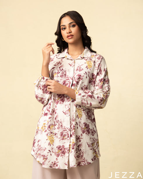 Blooming Grace: Floral Collared Long-Sleeve Top 77121